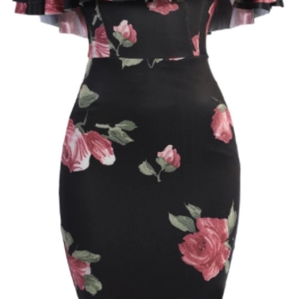 JLUXLABEL New Black Midi Dress with Pink Rose Print